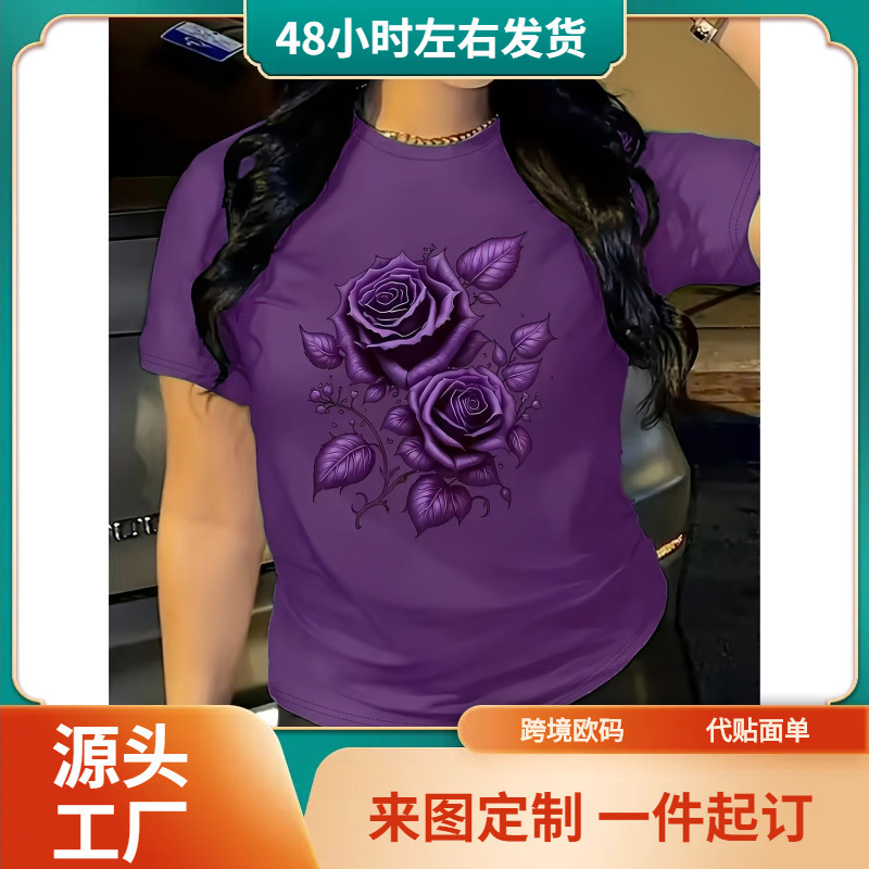 Plus Size Ladies Printed T-Shirt - Purple Rose Pattern Short Sleeve Round Neck Top, Machine Washable Casual Party Wear Plus Size Ladies Printed T-Shirt - Purple Rose Pattern Short Sleeve Round Neck Top, Machine Washable Casual Party Wear