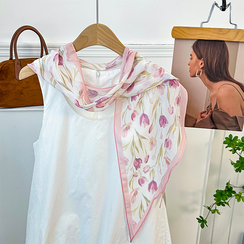 Bufanda de seda, banda larga, sentido de alta calidad, flor de doble cara, sentido de la atmósfera coreana, pañuelo, cinturón para el cabello, bufanda decorativa, bufanda fina, chal