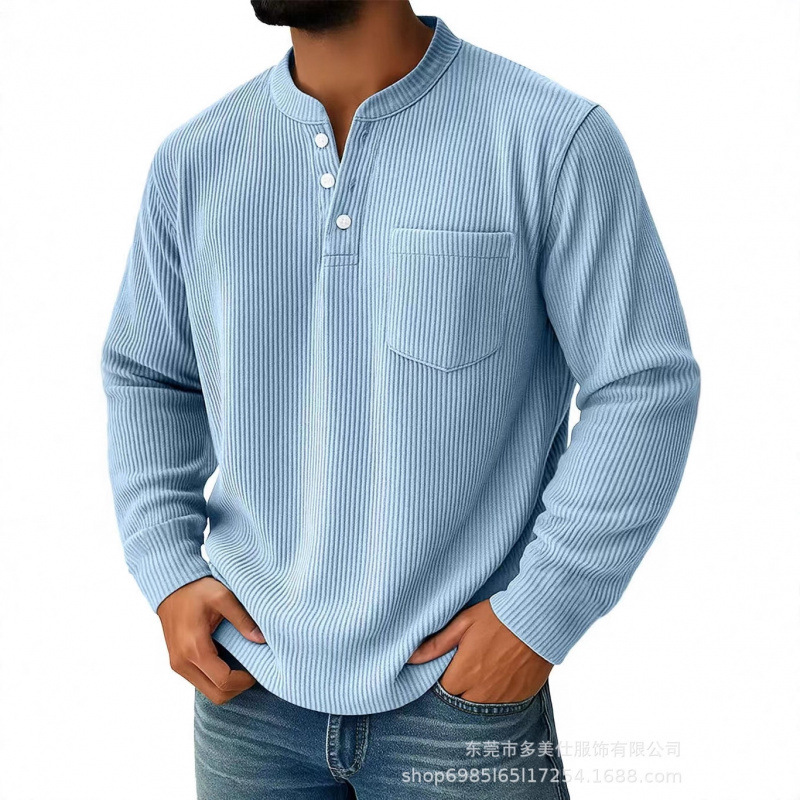 2025 European and American Autumn and Winter New Men's Pure Color Corduroy Three-Button Henry Collar Men's Long-Sleeved Top Polo Shirt