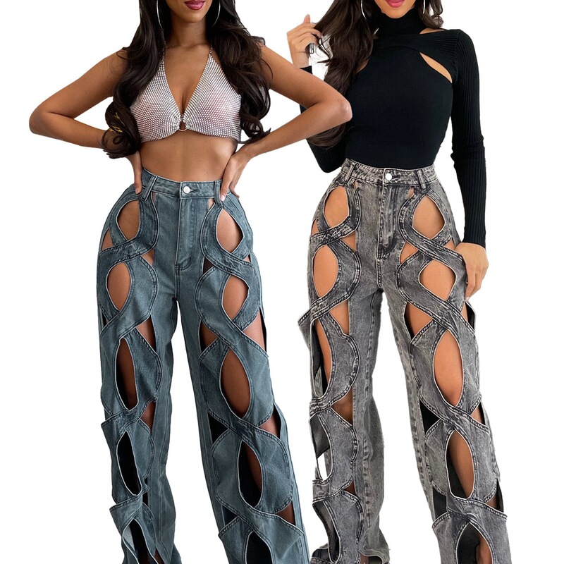 Hr23112 European and American Clothing Stretch Denim Fabric Personalized Twist Cut Out Loose Large Straight Jeans