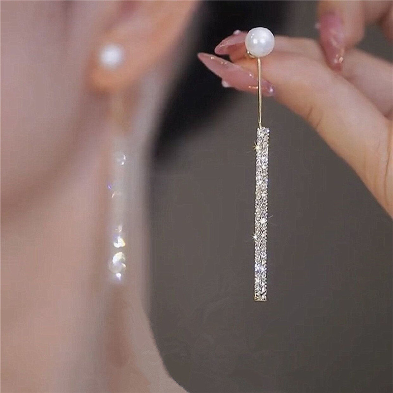 Alto grado completo diamante borla pendientes de las mujeres luz lujo cara adelgazar exquisitos pendientes de perlas aguja de plata diseño pendientes simples