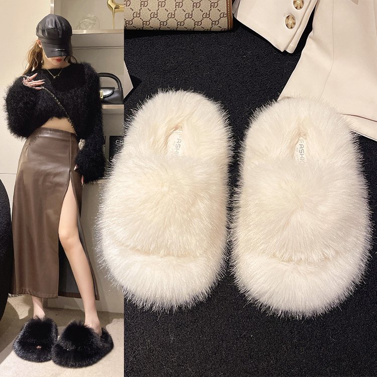 Thick-Soled Fashion Internet Celebrity White Furry Shoes for Women 2024 Autumn and Winter Outer Wear Fluffy Plush One-Word Cotton Slippers