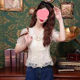 仙气领刺绣网纱上衣夏季复古盘扣短袖衬衫女洋气显瘦宫廷风小衫