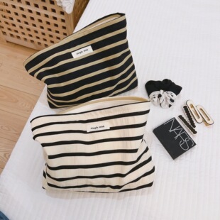 [Suxi cloth bag] Korean style striped cotton cosmetic bag canvas clutch Women's Travel wash bag storage zipper