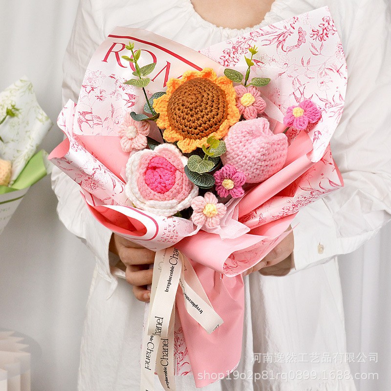 Productos transfronterizos acabados de lana tejido flores hechas a mano girasol trenzado regalos de vacaciones decoración flores falsas al por mayor