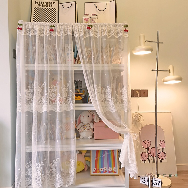 Simple French-Style Lace Curtain Storage Rack Iron Frame No-Drill Dustproof Curtain Door Curtain with Magic Tape Self-Adhesive