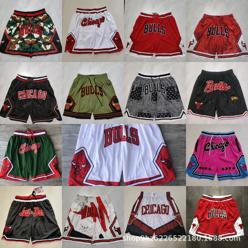 Chicago Bull Vintage Full Embroidered Zipper Pocket Pants Basketball Pants Dense Embroidered Shorts Cross Border Wholesale BULLS