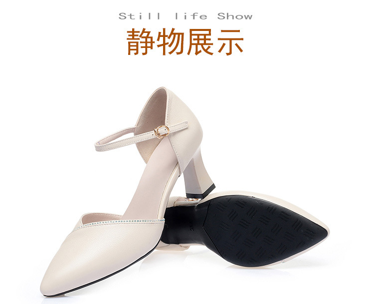 Sandal quai ngang da thật gót vuông mũi nhọn cho nữ, giày cao gót hở mũi kiểu dáng sang trọng — Màu be chi tiết 24