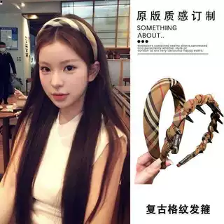 韩国学院时髦高端手工百搭撞色格纹发箍高颅顶充棉显脸小头箍发捆