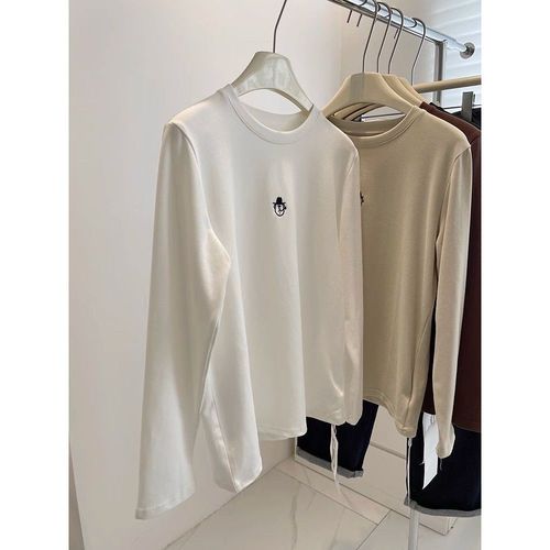 Simple velvet ribbed embroidery round neck slimming T-shirt for women, super soft and versatile, crew neck, loose long sleeve base shirt, trendy