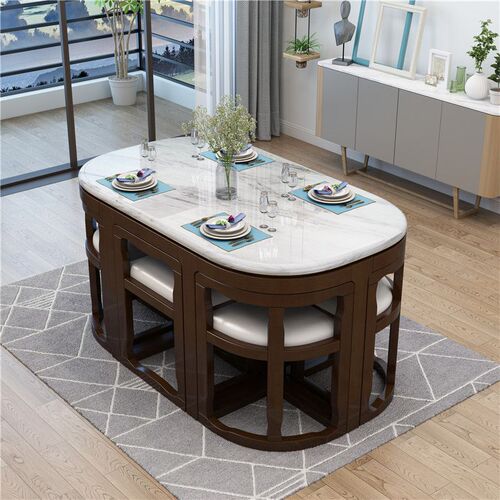 3x solid wood dining table and chair combination marble slate dining table household small apartment multi-functional invisible internet celebrity round table meal