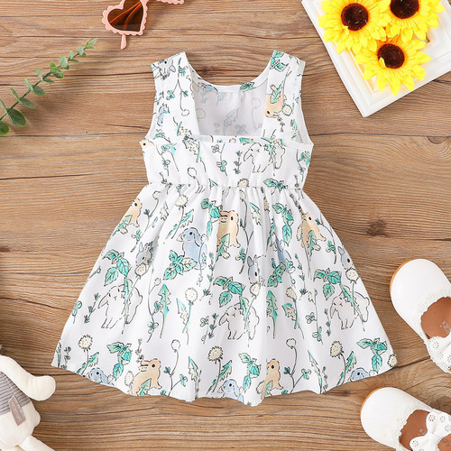 INS Summer Girls' Round Neck Sleeveless Printed Cute Bow Fashion Dress