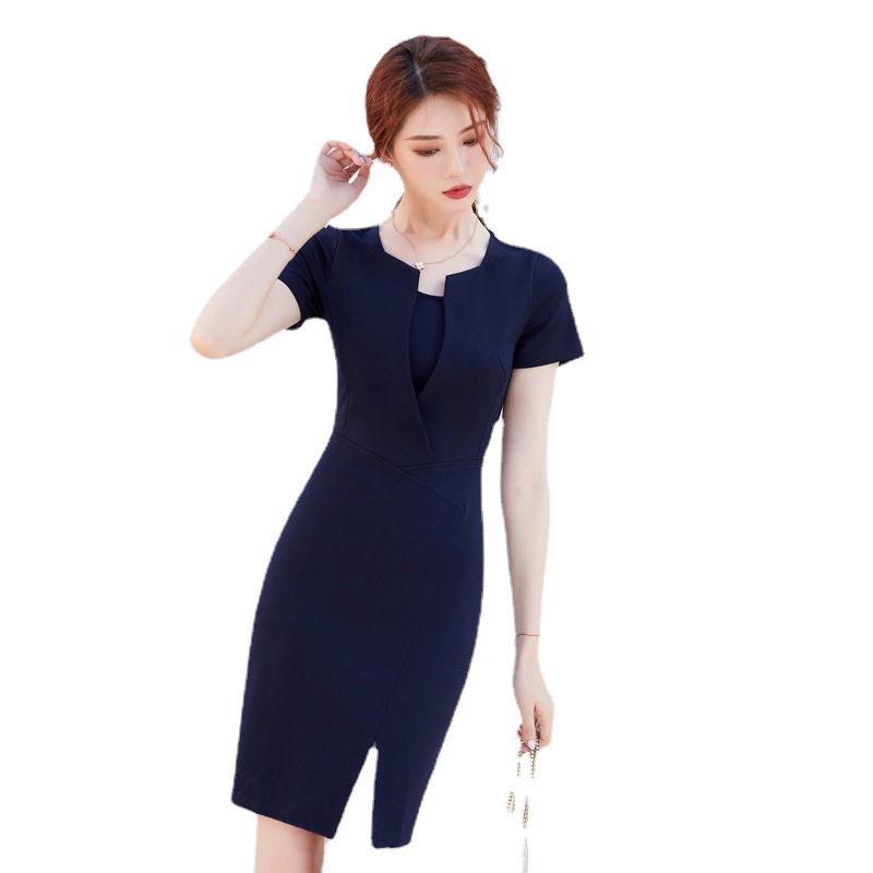 OL欧美风黑色时尚连衣裙女夏2023v领短袖ol商务女装职业西装裙子A