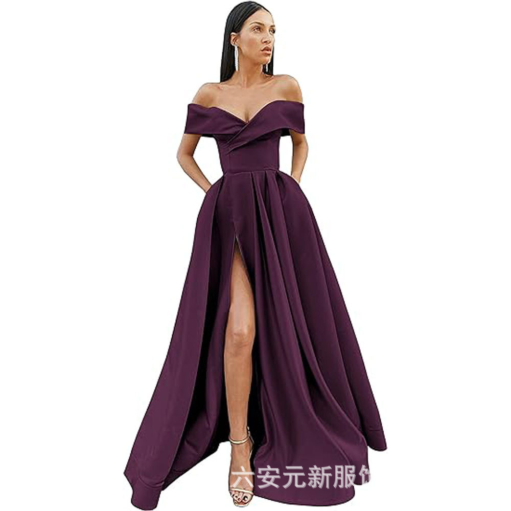 Amazon Comercio exterior fuera del hombro prom vestido de noche largo split sexy Fiesta de las mujeres vestido de banquete