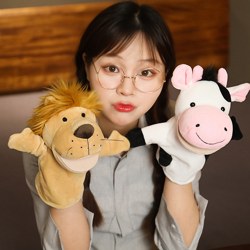 Animal Plush Hand Puppets for Early Education Interactive Performances, Open-Mouthed Dolls, Horse, Cow, Yellow Duck, Lion, Sheep, Cross-Border Hot Sale