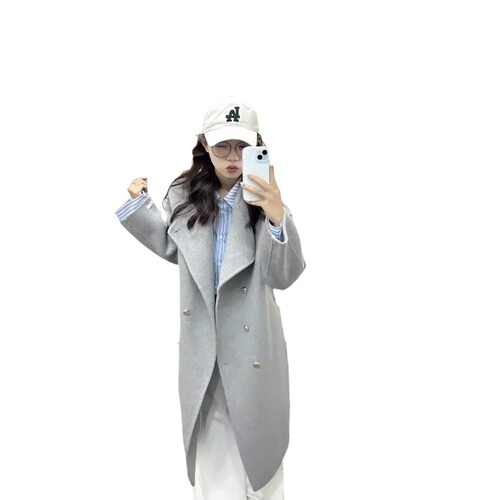 Winter and Autumn Standing Collar Double Breasted Unstructured Long Length Loose Cashmere Coat for Women High-End Outerwear Stylish and Elegant Korean Style