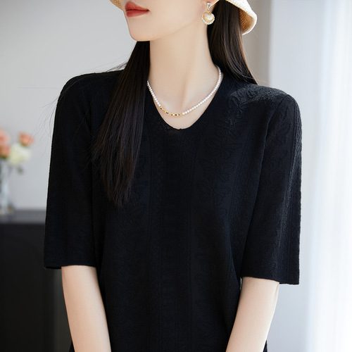 Simple Elegance Half-Sleeve Top for Women - Spring and Summer New Arrival Knit T-Shirt Style Loose and Slimming V-Neck Basic Tee - Versatile Matching