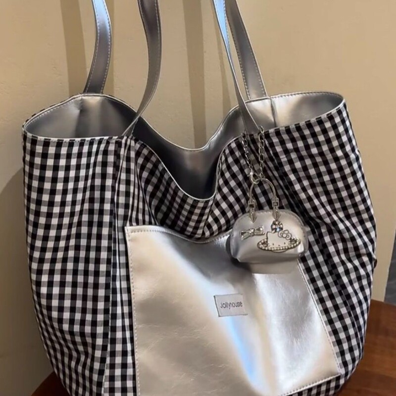 New Large-Capacity Commuter Bag Shoulder Bag Korean Double-Sided Silver Tote Bag High-End Age-Reducing Plaid Bag for Women