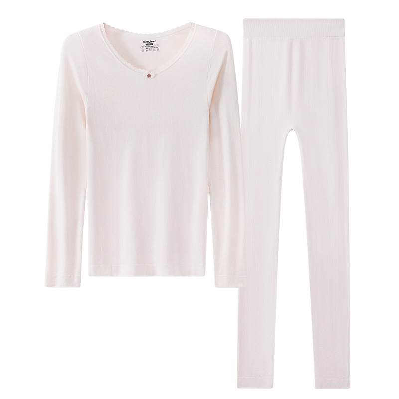 Ropa de otoño, pantalones largos, ropa interior sin costuras, ropa de abrigo de fondo de cuello redondo, conjunto de ropa interior térmica para mujer de grosor medio de otoño e invierno