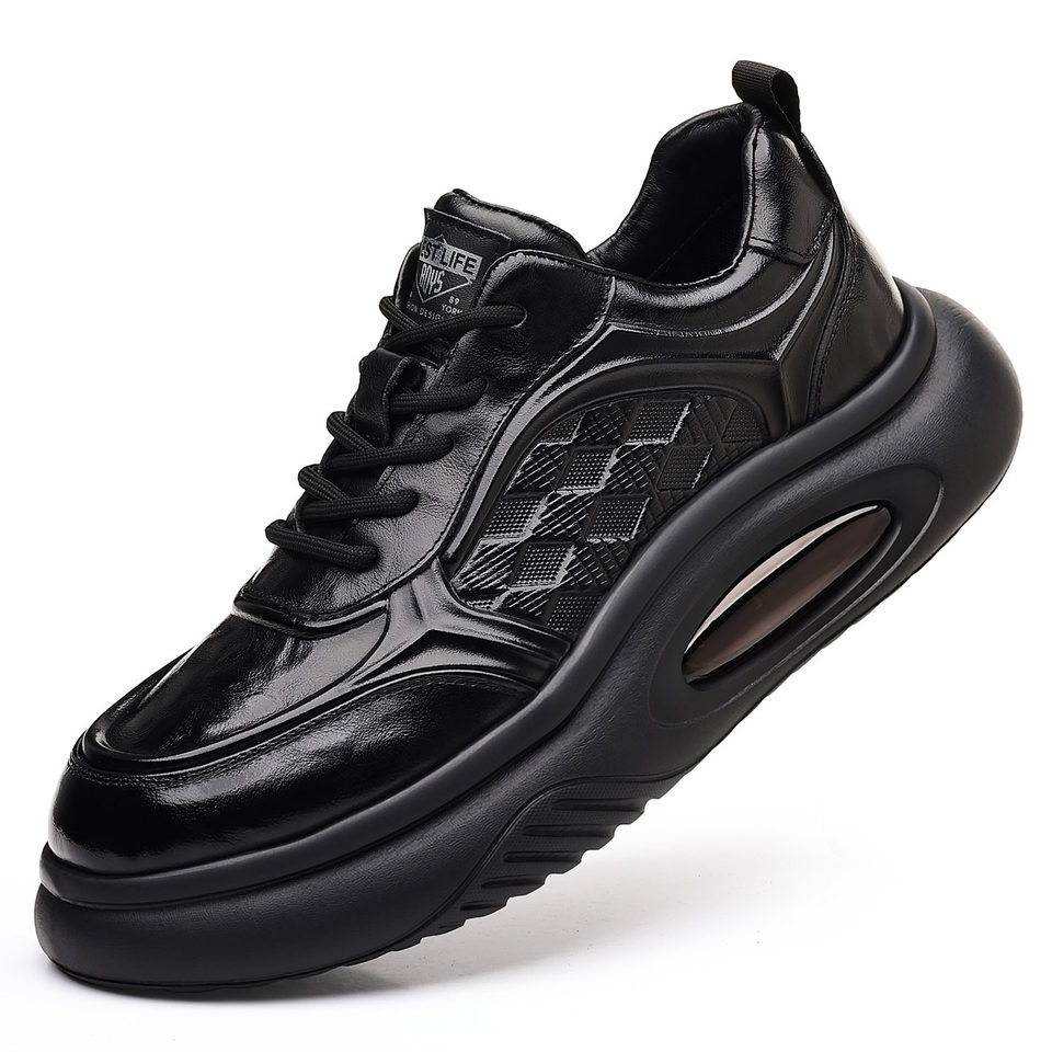 Giày thể thao nam da bò thật đế dày tăng chiều cao, giày sneaker nhẹ thoáng khí gót 3–5 cm — màu nâu, màu đen