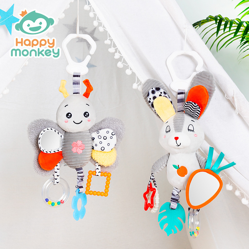 Happy monkey recién nacido calmar muñeca coche colgar cama colgar campana bebé campana cama juguetes de educación temprana para bebés
