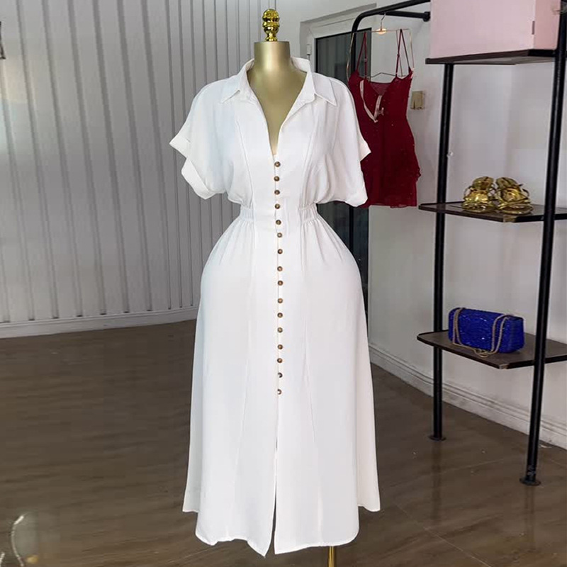 Women's Clothing Summer Fashion Shirt Dress American Style Lapel Short Sleeved Single Breasted Waist Cut Slit_ecoleips.com