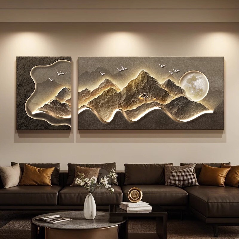 背もたれ付きリビングルーム装飾絵画、軽い豪華さと高級感、ソファ背景壁掛け絵画、組み合わせ絵画、風景二連壁画|undefined