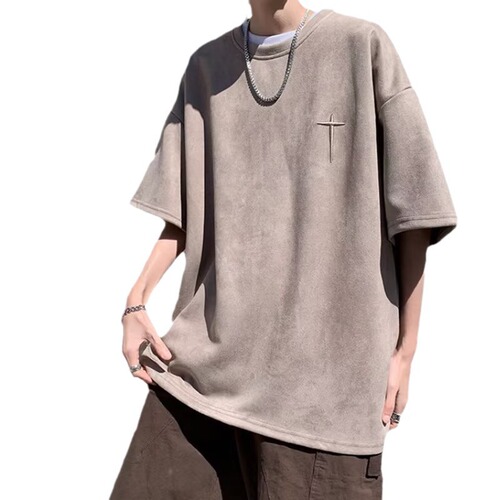 Deer hide velvet American retro short-sleeve t-shirt for men, summer heavy-duty loose half-sleeve street fashion five-point sleeve t-shirt