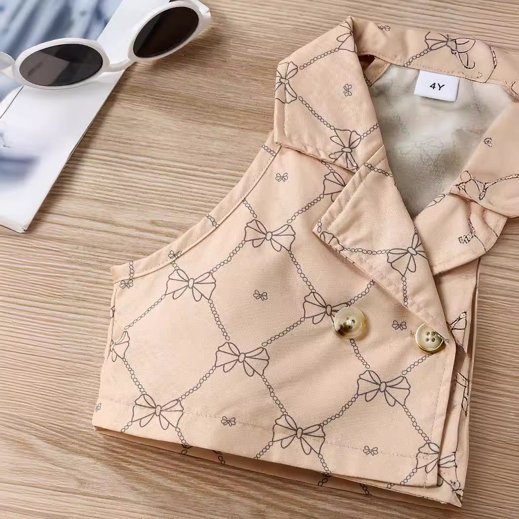 2024 nuevas niñas moda personalizada impreso traje solapa moda sin mangas chaleco Top + Falda plisada