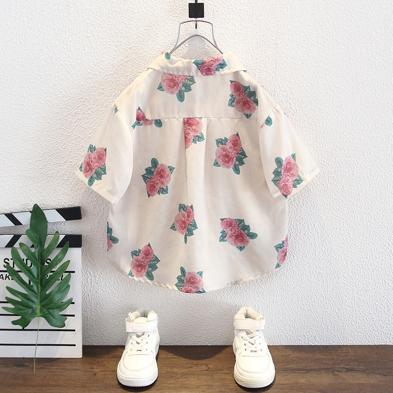 8027 Camisa de manga corta para niños 2025 verano nuevo estilo para niños Camisa de manga corta con estampado de rosas para niños