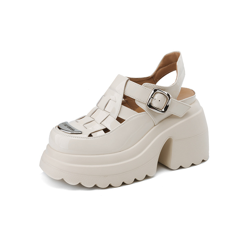 Sandal bít mũi đế dày da bóng phong cách La Mã, gót cao 10 cm — Màu be, Màu đen