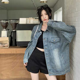女士新款早春外套大码复古牛仔外套高街宽松显瘦夹克适宜岁女性