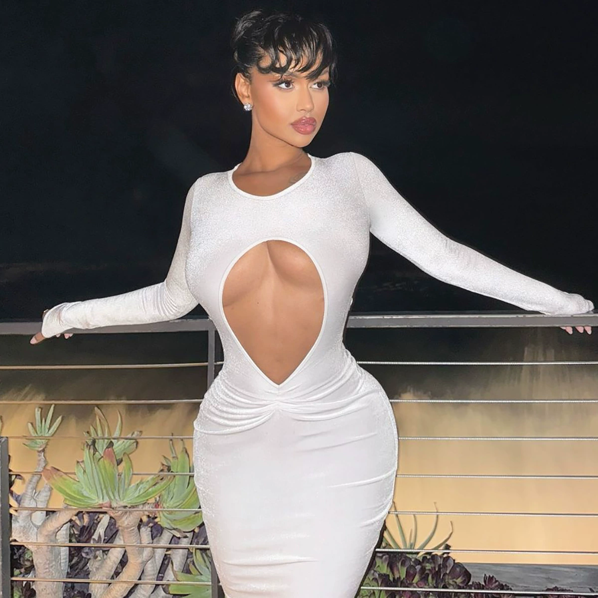 Amazon Женская одежда 2024 осень новая мода сексуальная полая стройная складка сплошной цвет платья с длинными рукавами оптом