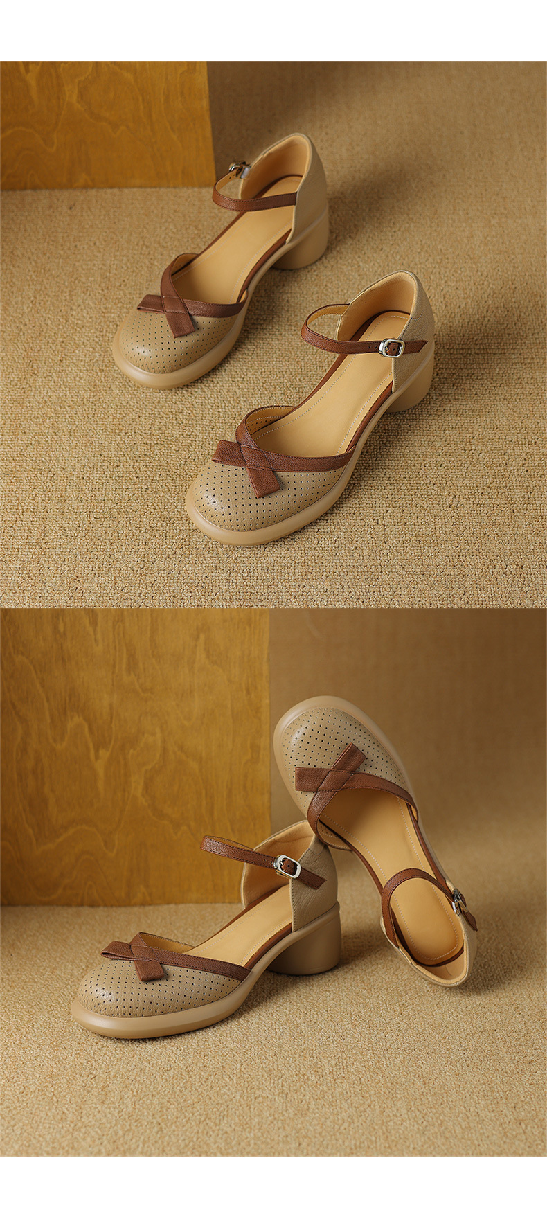 Sandal nữ bít mũi đục lỗ da cừu, quai ngang thắt nơ, gót vuông đế dày — Màu trắng be chi tiết 13