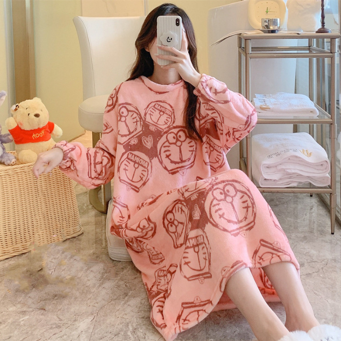 Pijama de lana de coral, pijama de lana de coral largo de invierno para mujeres, franela y lana gruesa, vestido grande, ropa para el hogar