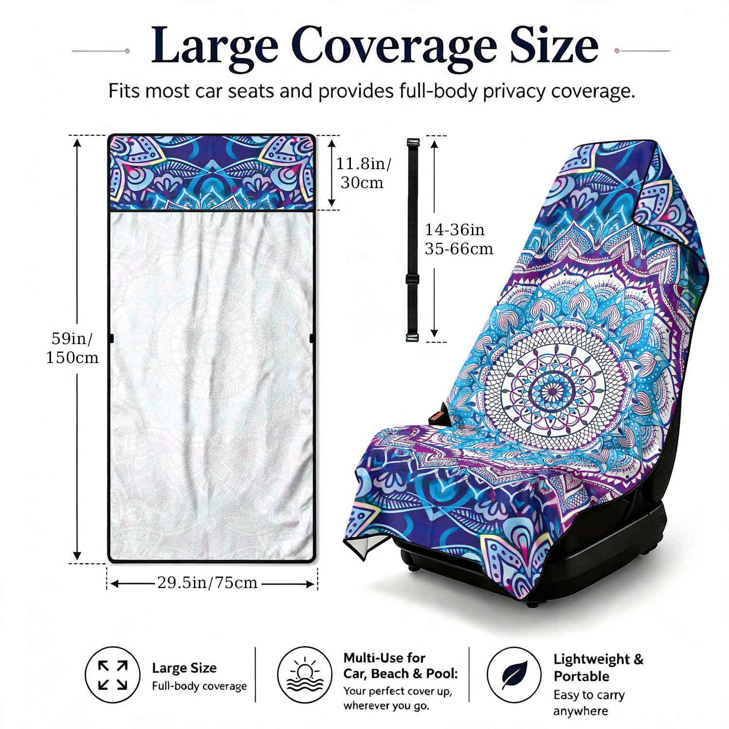 Printed bath towel and car seat cover 2-in-1, ultra-fine fiber outdoor beach and car dual-use universal seat cushion