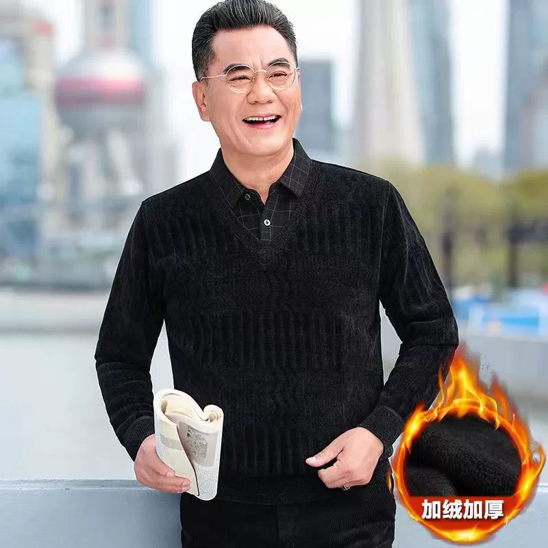 Зимняя одежда для папы, свитер из синели для мужчин среднего возраста и пожилых людей, утепленная Базовая рубашка на флисовой подкладке, новый топ для Дедушки