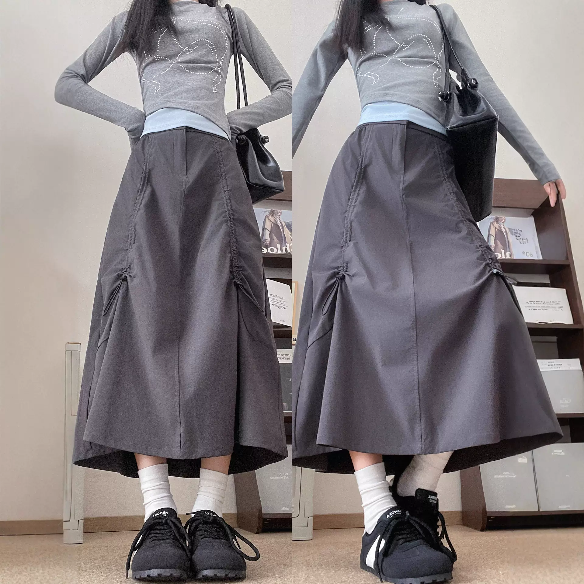 深灰色速干工装裙女夏季新款美式抽绳a字伞裙小个子休闲半身裙子