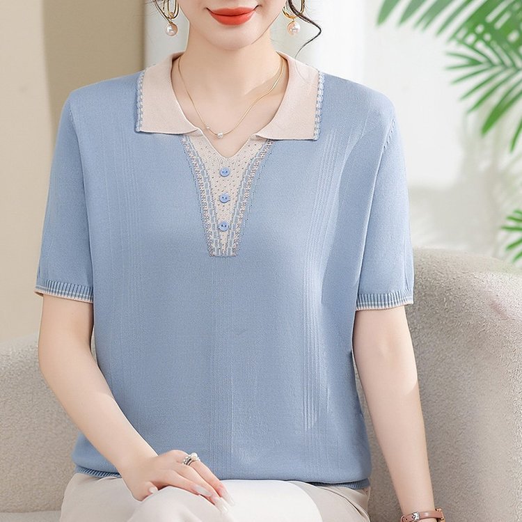 Mother's Summer Short-sleeved T-shirt Stylish Knitted Top 2025 New Style Middle-aged and Elderly Women's Fashionable Lel Ice Silk Shirt