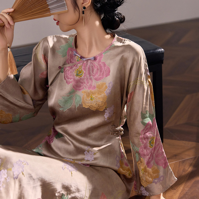 Chinese Style New Chinese Style Rayon Jacquard Improved Cheongsam Dress Women's Button Design Slimming Look Slim Skirt M6065