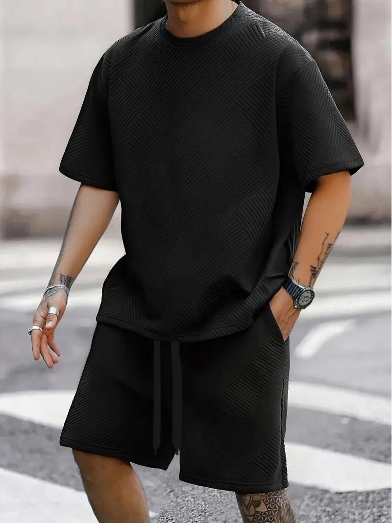 Men's Jacquard Print Short Sleeve T-Shirt & Shorts Set - Summer Casual Athletic 2-Piece Outfit​_viptrois.com