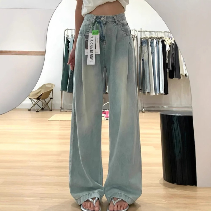 Wide-Leg Jeans for Women, Petite Size, Loose Fit, Slimming, Pleated Design, High-Waisted Straight Wide-Leg Jeans for Women