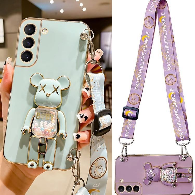 For Samsung S25 Phone Case Electroplated All-inclusive GalaxyS23u Candy Bear Folding Bracket Crossover Lanyard