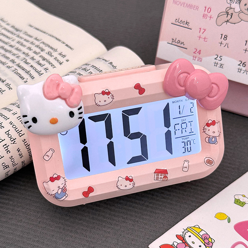 Đồng Hồ Báo Thức Hồng [Kiểu Mèo KT Nơ + Sticker + 2 Pin]