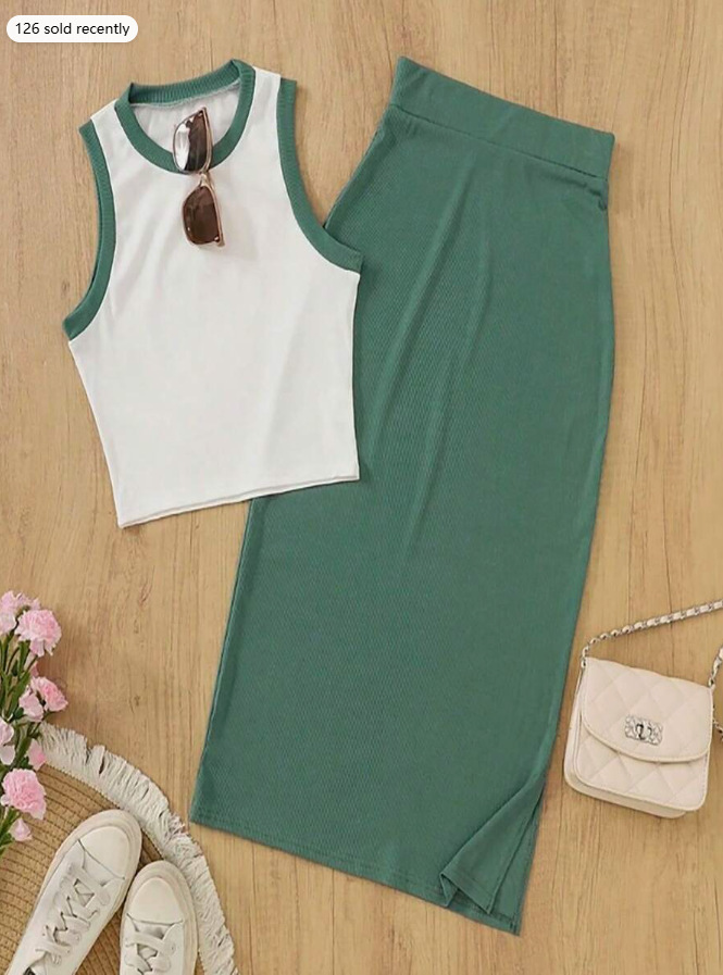 Blusa corta sin mangas de punto roscado para mujeres transfronterizas con traje de falda corta casual y elegante juego de dos piezas