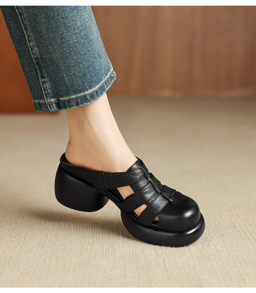 Sandal cao gót nữ mũi hở phong cách La Mã đế dày 6 cm — đen chi tiết 14