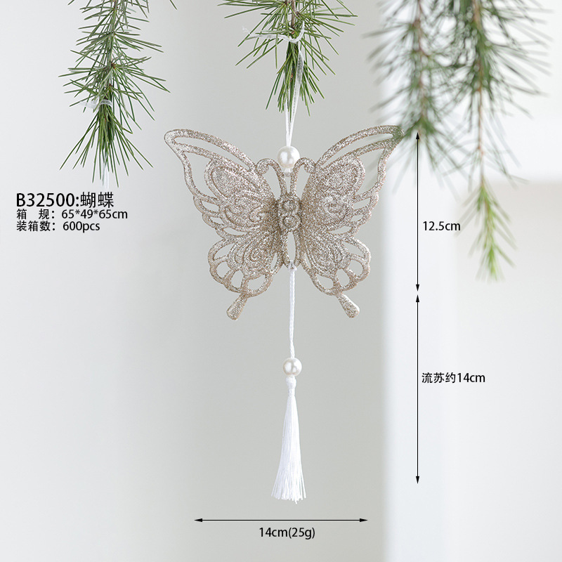 Nuevos productos transfronterizos de madera decoraciones de árboles de Navidad polvo brillante hueco flocos de nieve amor colgante mariposa colgante de Navidad