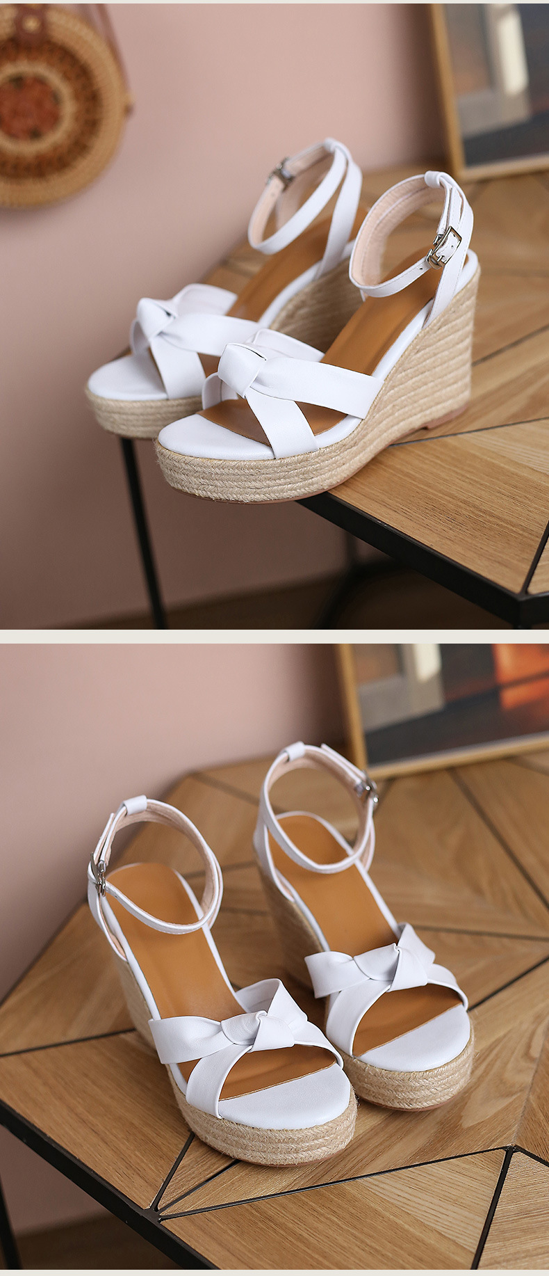 Sandal cao gót nữ hở mũi phong cách retro, đế xuồng cói kết hợp dây thừng gai dầu, gót 9.5 cm — nâu chi tiết 10
