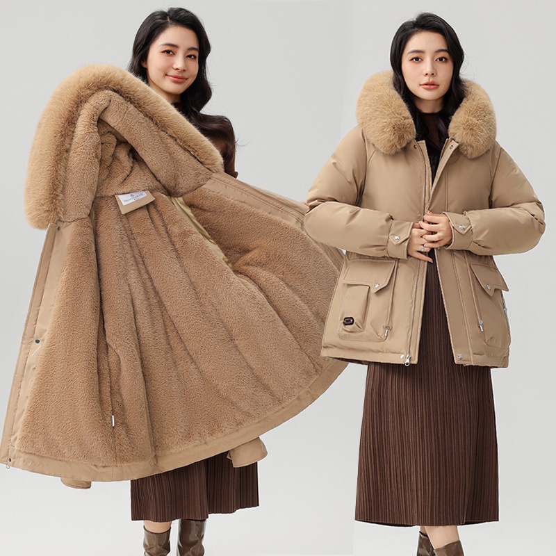 2025 invierno nuevo comercio exterior grueso para superar la cintura femenina delgada con capuzas cuello de cabello grande abrigo de algodón cálido