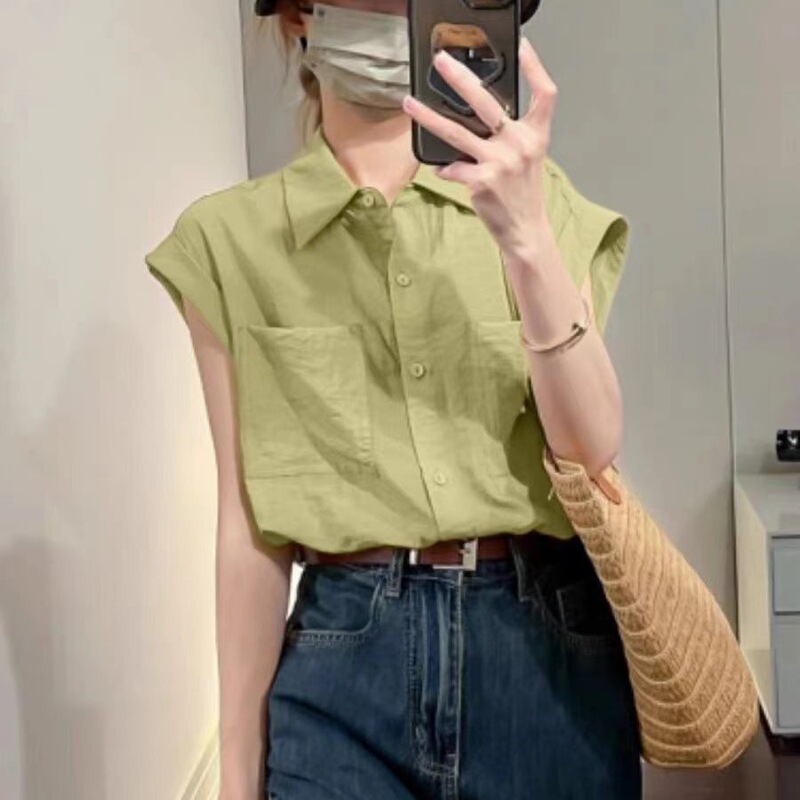 Sleeveless Thin Shirt, Short-Sleeved Summer New Style Women's Korean Design Loose Shirt, Solid Color Fashionable Casual Top